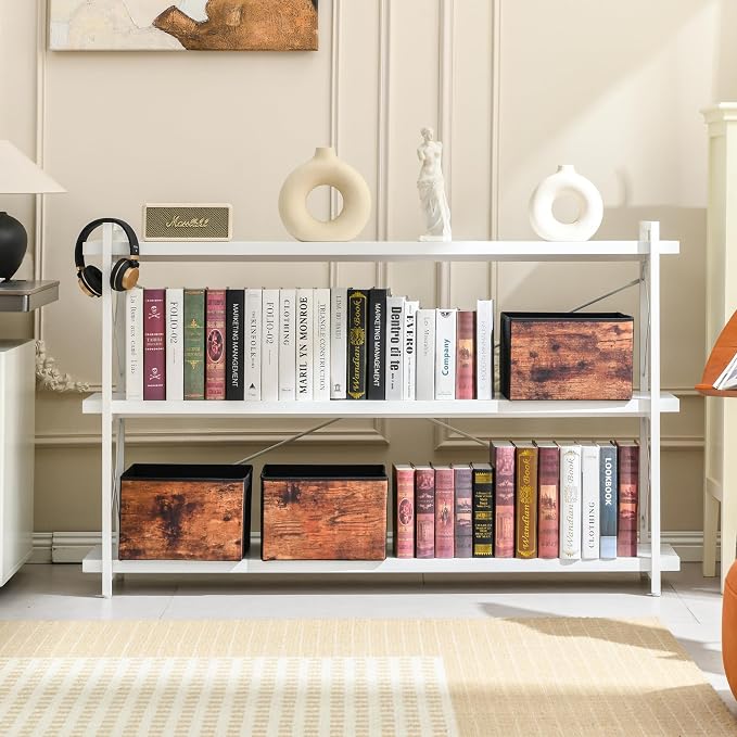 HCHQHS Bookshelf, 3-Tier Long Industrial Bookcase, White Open Book Shelf, Freestanding Horizontal Bookshelves with Metal Frame