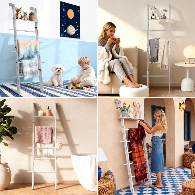 67" Wooden Blanket Ladder with Shelf and Hooks, 6-Tier Blanket Ladder for Living Room, Wall-Leaning Towel Ladder and Quilt Rack Storage, Farmhouse Decor Ladder for Display (Vintage White)