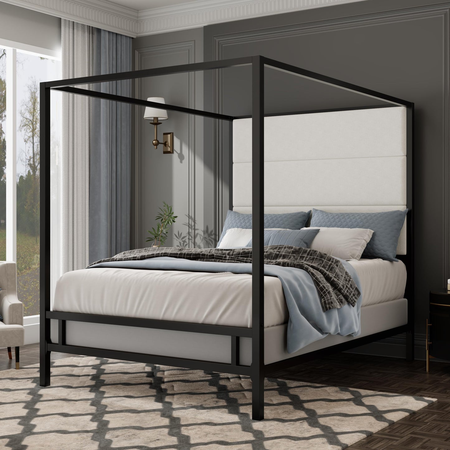 Merax Queen Size Metal Canopy Bed Frame, Modern Tall Upholstered Velvet Headboard, Black 4-Poster Bed with 800 lbs Capacity, Box Spring Required Easy Assembly for Bedroom, Black+White