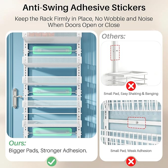 SNTD 8 Tiers Over the Door Organizer - Height Adjustable Pantry Organizers and Storage with Dense Mesh Baskets, Anti-Swing Hanging Door Spice Rack for Kitchen Bathroom (White, 17" W x 6" D x 69" H)