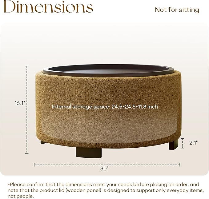 Zihanhome 30 Inch Round Storage Ottoman, Ottoman Coffee Table with Lift Off Lid, Boucle Modern Ottomans with Storage for Living Room, Bedroom, Apartments (Yellow)