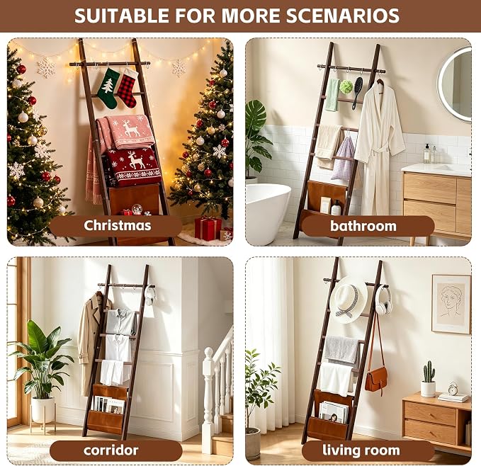 Wooden Blanket Ladder 6-Tier Farmhouse Rustic Blanket Holder with Synthetic Leather Bag, Decorative Stand with Removable Hooks Quilt Towel Rack for Home Living Room Bedroom Decor Brown
