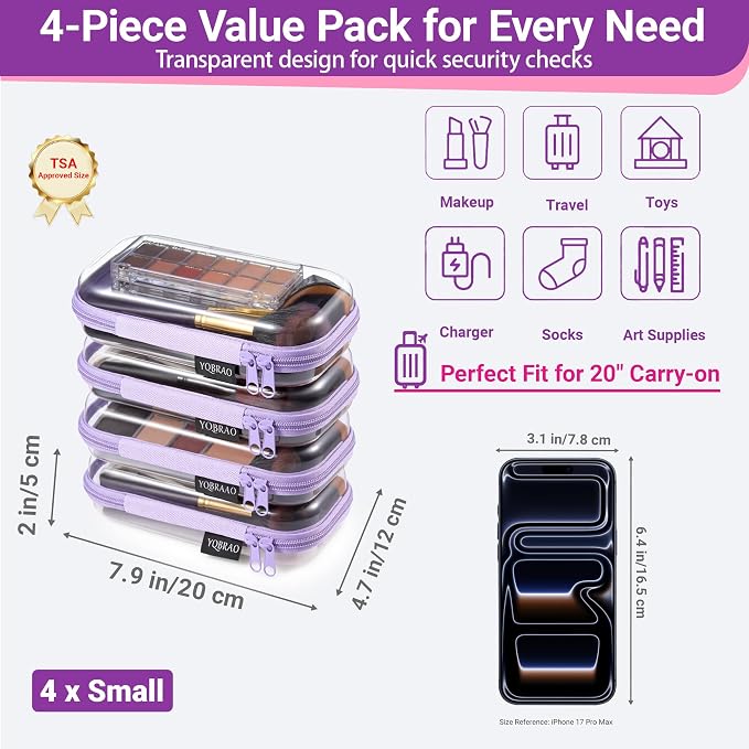 YQBRAO 4-Pack Clear Hard Shell Zipper Case, 1.2mm Ultra-Thick Diaper Bag Organizer Pouches, Rigid Self-Standing Travel Makeup Bags with YKK Zippers, TSA Approved, Purple
