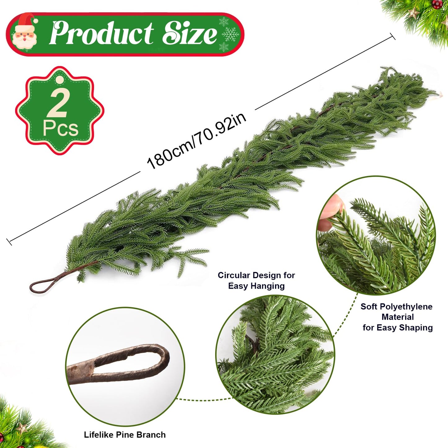 12FT(2*6FT) Christmas Norfolk Pine Garland, Soft Real Touch Faux Green Garlands, Holiday Decor Winter Artificial Greenery Garland for Mantle, Stairs, Table, Fireplace, Indoor Outdoor Xmas Decorations