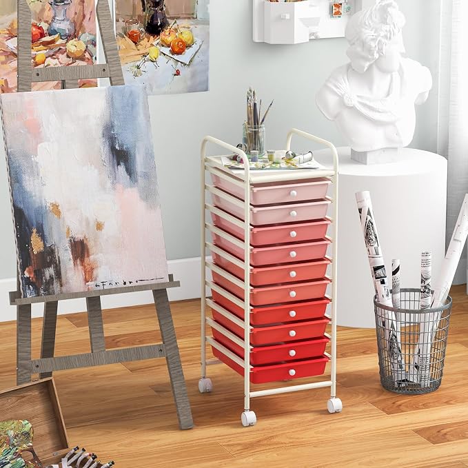 MEDIMALL 10 Drawers Rolling Storage Cart, Multipurpose Craft Storage Cart with Wheels, Mobile Tools Scrapbook Paper Organizer Cart for Office School Home Use