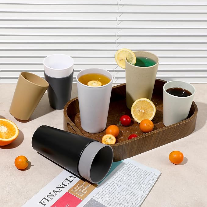 HEYCOME Set of 16 Wheat Straw Cups, 8 Pcs 20 oz & 8 Pcs 12 oz Unbreakable Drinking Cups, Reusable Plastic Cups Sets, Water Glasses Tumblers, Microwave & Dishwasher Safe, Bpa Free, 8 Colors