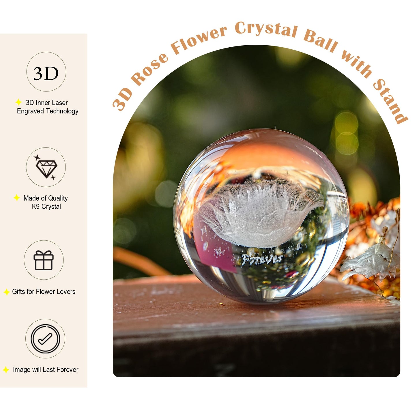HDCRYSTALGIFTS 60mm 3D Inner Engraved Rose Flower Crystal Ball Paperweight with Sliver Stand Glass Sphere Rose Figurines Collectible Fengshui Decorative Ball Home Decor Gifts