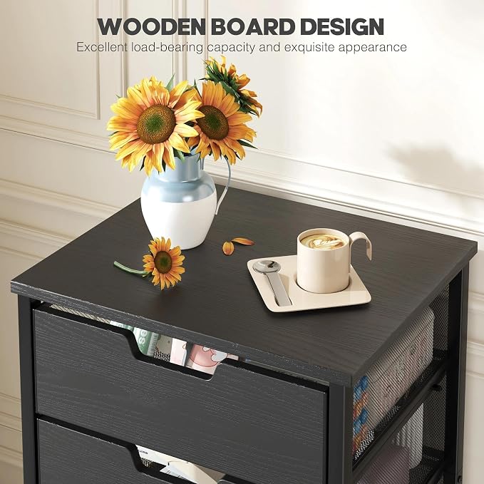 Rolling Cart with Drawers, Wooden Top and Front, with Wheels Metal Under Desk Storage Cart with 4 Drawers, for Office, Bedroom, Classroom, Home, Black