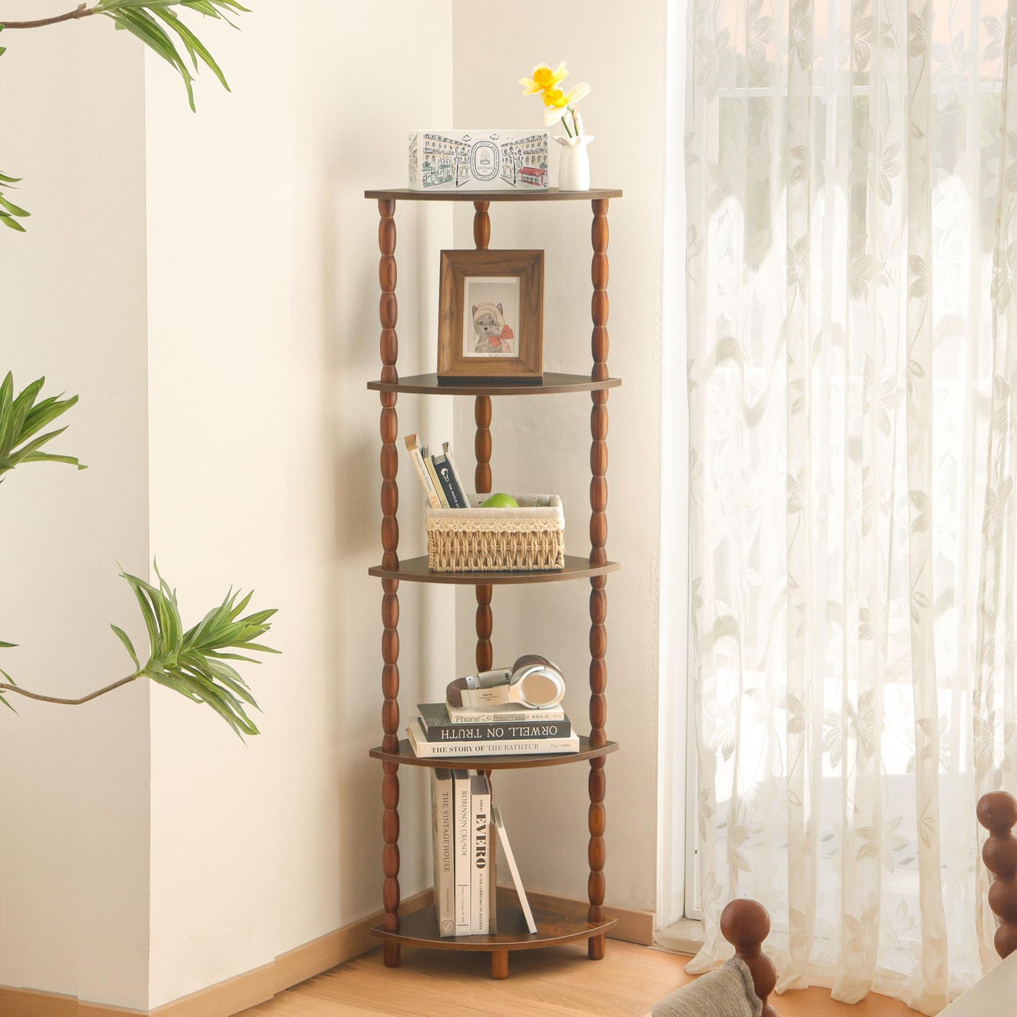 MaxSmeo Corner Shelf, 5-Tier Corner Bookshelf for Small Spaces, Stylish Corner Storage Display Shelves for Bedroom, Bathroom, Kitchen, Living Room (Rustic Brown)