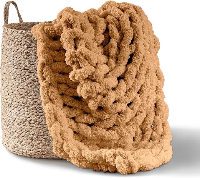 Adyrescia Chunky Knit Blanket Throw | 100% Hand Knit with Jumbo Chenille Yarn (50"x60", Caramel Brown)