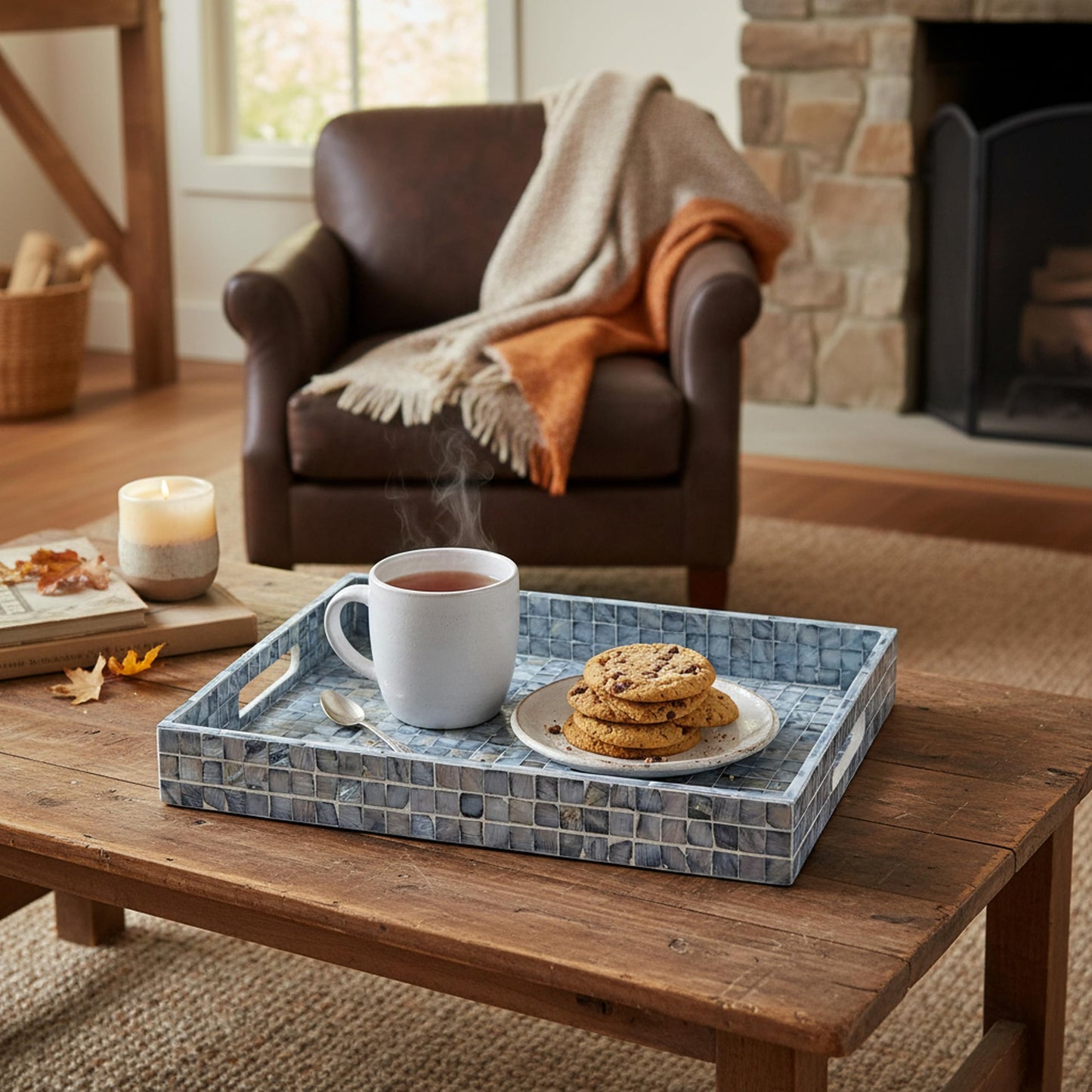 PEMAR Rectangular Mother of Pearl Serving Tray Nacre Wood Lap Ottoman Tray for Coffee Table, Luxury Decorative Handmade Eating Platters w Insert Handles (Blue Mosaic)