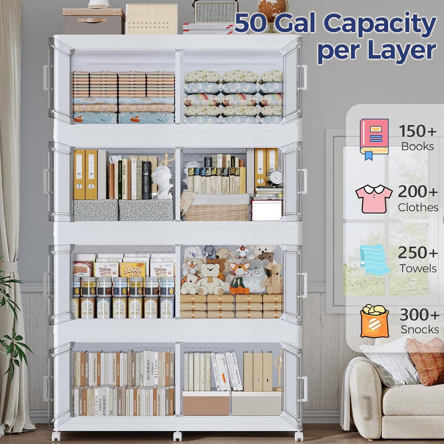ARXYNEL 250GAL Extra Large Storage Bins with Lid & Dividers, 1000Qt Stackable Closet Organizers with Drawers, Collapsible Storage Bins with Wheels, Folding Container for Home Kitchen, 5Pack White