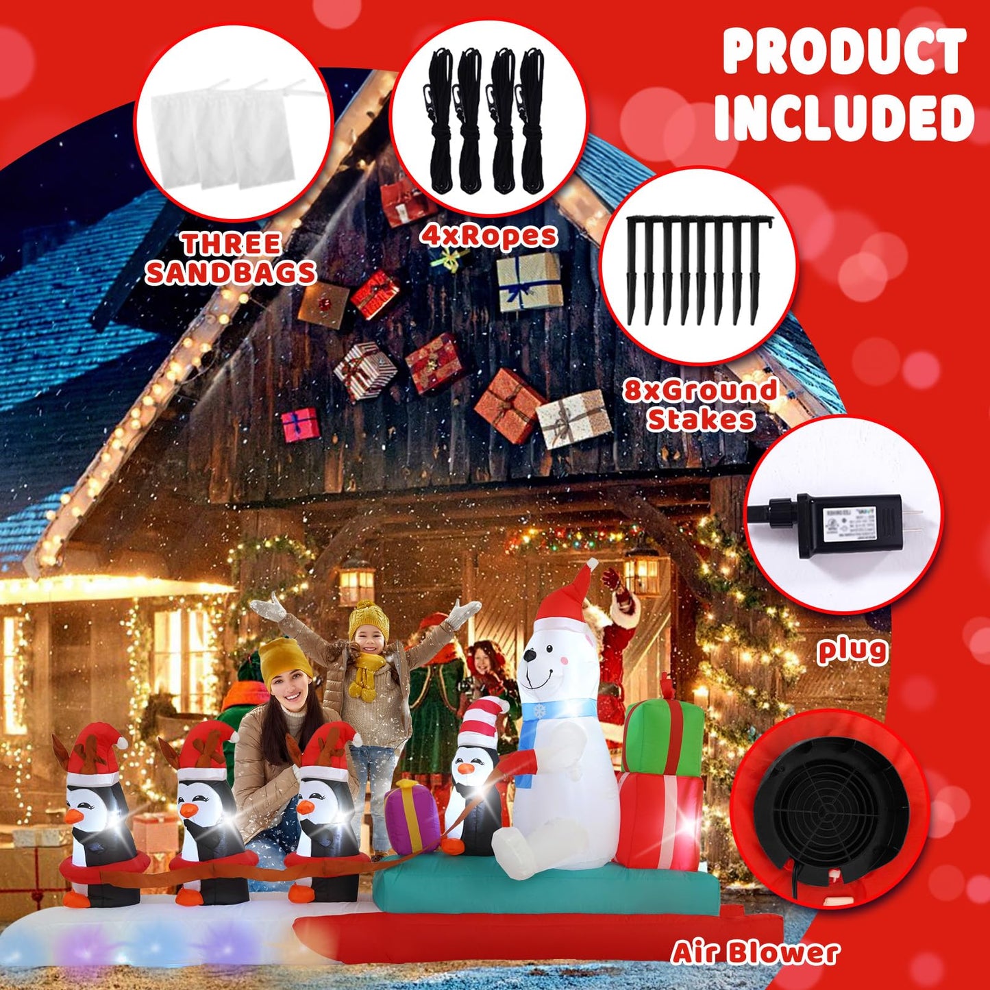 HZGDEJTG 10FT Penguin Pulling a Polar Bear On a Sleigh Christmas Outdoor Inflatable Decoration, Built-in LED Lights and Flashing Lights, Suitable for Christmas Lawns, Gardens, and Courtyards