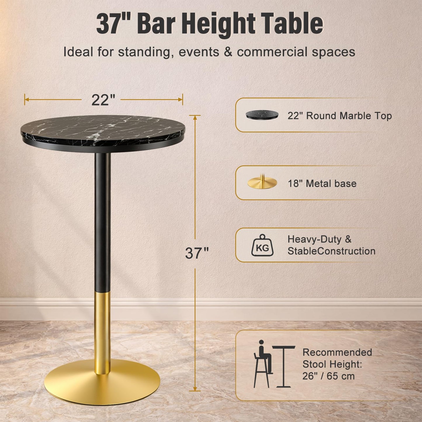 Modern Round Marble Bar Table, 22" Black Marble Top Pub Table with Gold Metal Base, Tall Bistro Table for Home Bar, Kitchen, Dining, Small Spaces, 37'' Bar Height