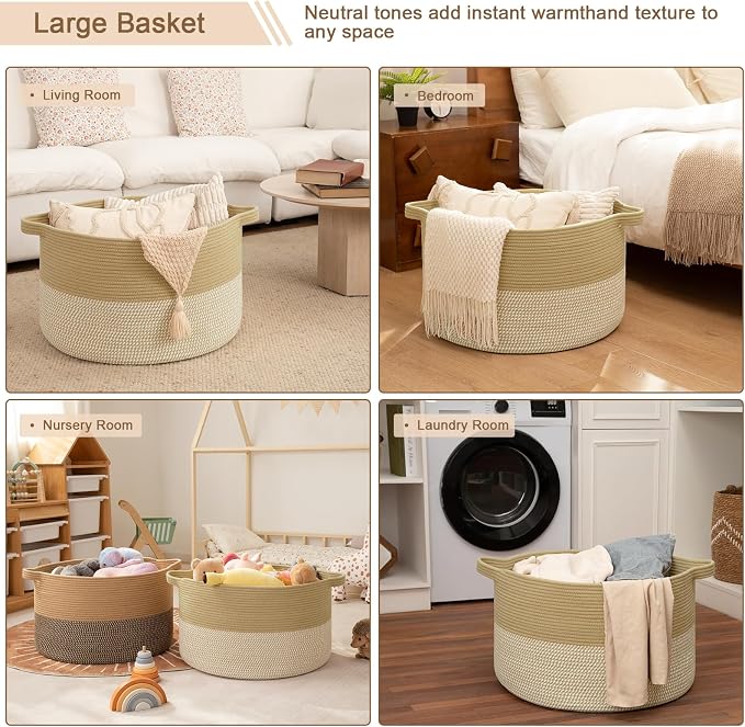 OIAHOMY 90L XXXLarge Blanket Basket for Living Room, 21.7" x 13.8" Woven Cotton Rope Laundry Basket for Organizing Pillows, Decorative Stuffed Animal Toy Storage for Nursery, Jute and White