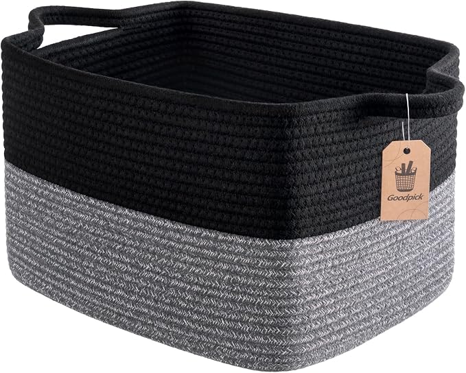 Goodpick Woven Storage Baskets for Organizing, Cotton Rope Organizer for Living Room, Closet Storage Bins for Toys Books, Rectangle Laundry Basket with Handles, 13"x10"x9", Black & Gray