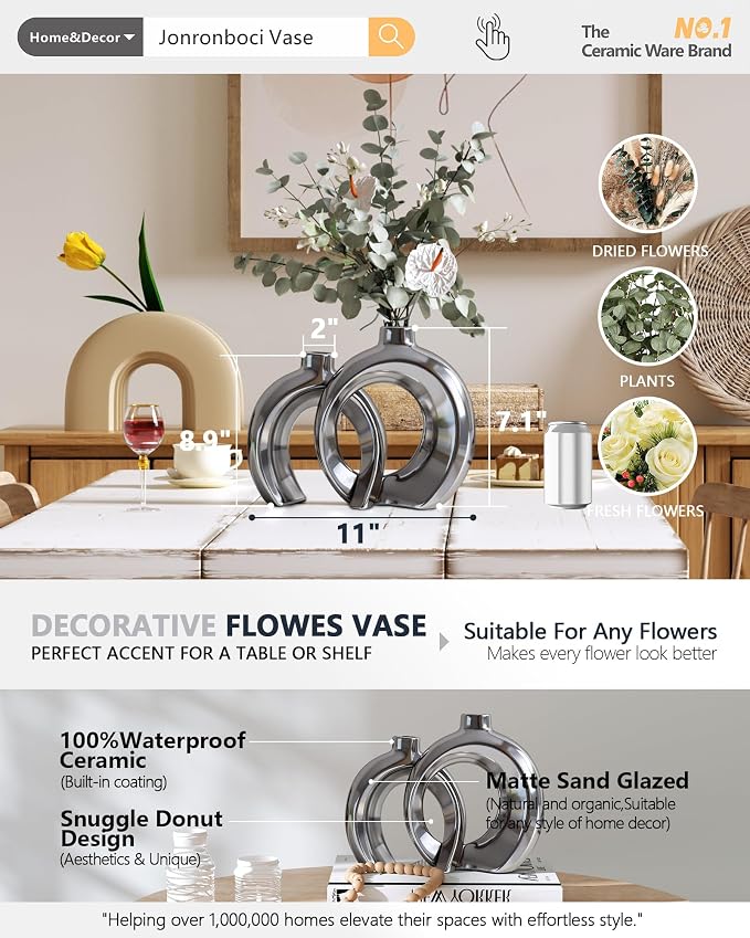Set of 2 Silver Ceramic Vases for Home Decor Accents - Unique Hollow Donut Artistic Design Modern Contemporary Glam Style Decorative Vases for Shelf, Mantel, Entryway Table Decor (Matte Silver)