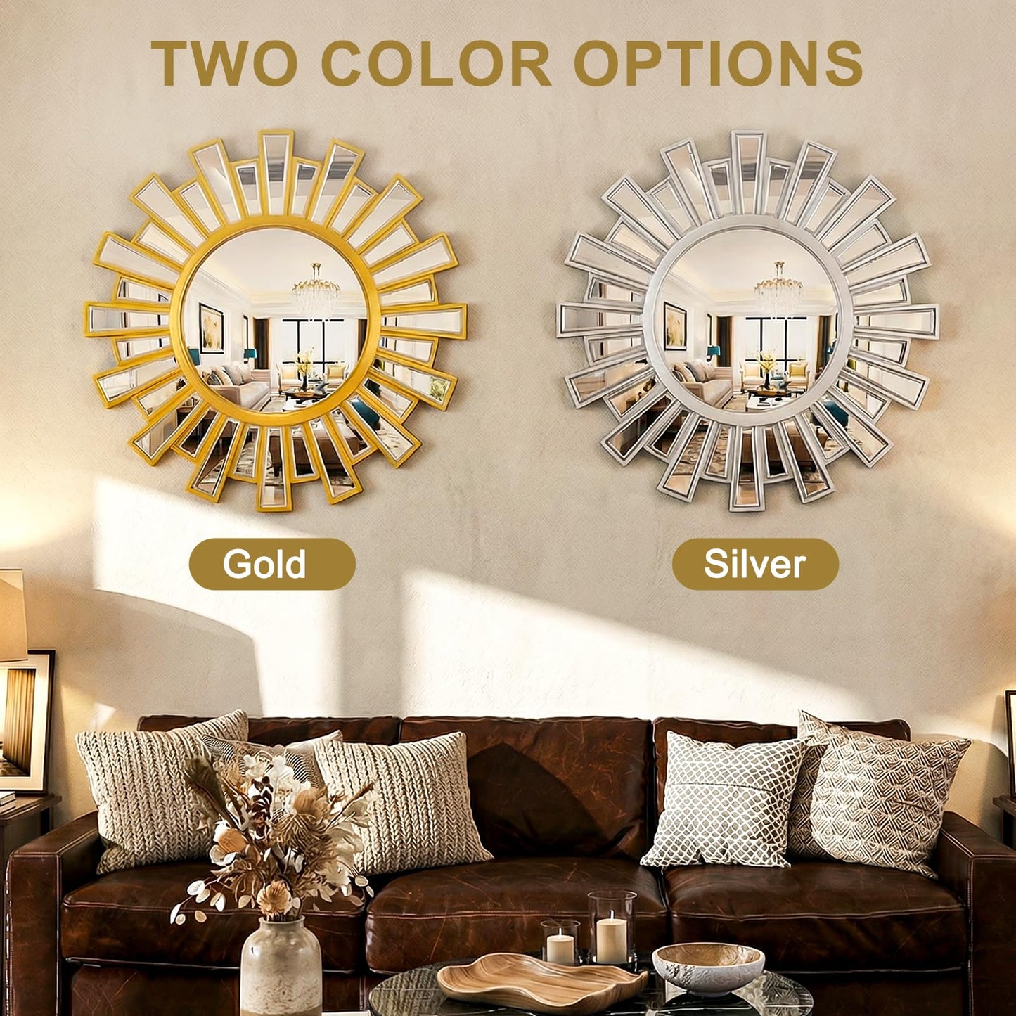 CozyDH Decorative Sunburst Mirror Gold - Large Sun Mirror for Wall Decor 24 inch, Round Modern Boho Sun Wall Art for Bedroom Living Room Hallway Bathroom Entrance