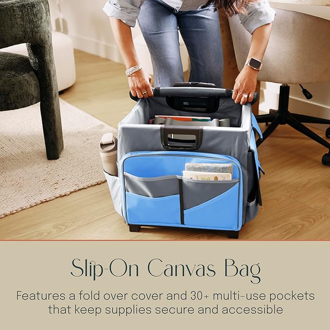 Mobile Folding Utility Cart with Canvas Storage Organizer Bag, Rolling Cart, Blue/Grey