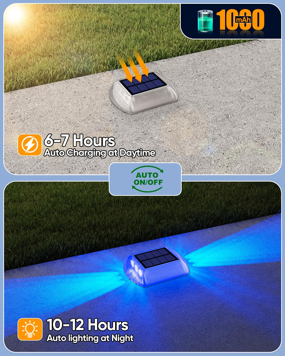 DetarZinLED Solar Driveway Lights Outdoor, 4 Pack IP68 Waterproof Dock Deck Lights Solar Powered, Stick on & Screw Blue Markers Light for Pathway, Walkway, Sidewalk, Patio, Pool Deck, Garage Entrance