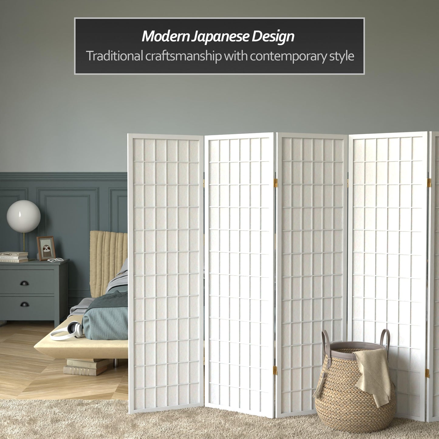 Red Lantern 5 ft. Tall Window Pane Shoji Screen - White - 6 Panels