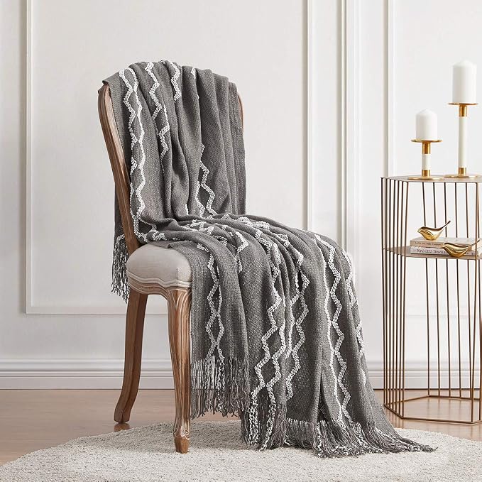 BOURINA Fluffy Chenille Knitted Fringe Throw Blanket Lightweight Soft Cozy for Bed Sofa Chair Throw Blankets, Grey 50" x 60"