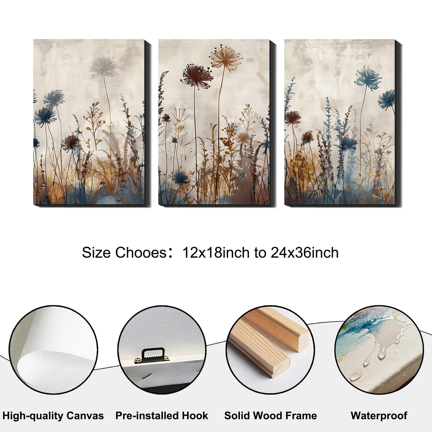 Framed Triptych Floral Canvas Prints Pictures for Bathroom Entryway, Abstract Neutral Wildflower Poster Wall Art, Minimalist Wall Decor, Made in USA for Office Living Room