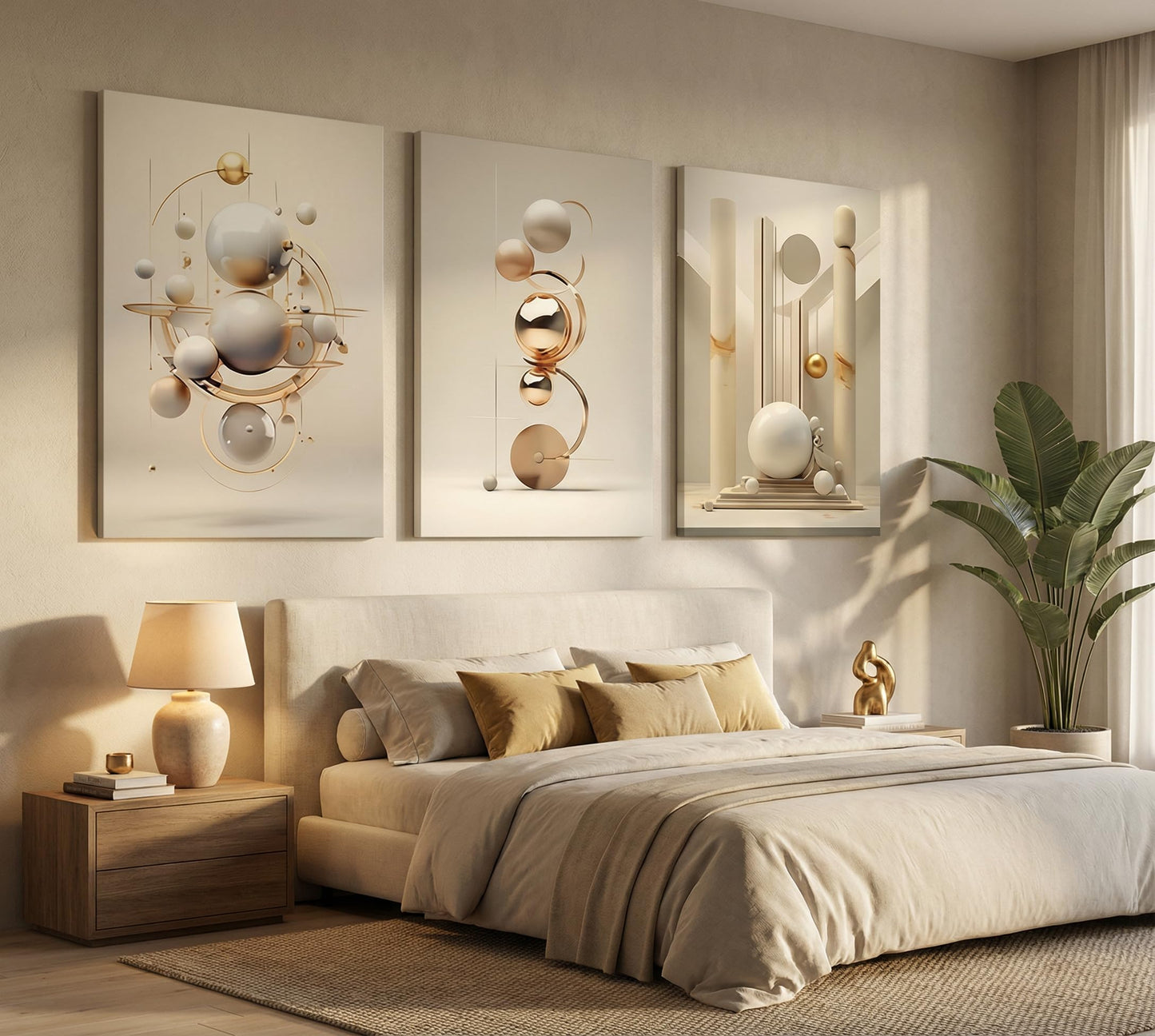3pcs Modern Three-Dimensional Geometric Spheres Canvas Wall Art Abstract Luxury Beige Gold Wall Decor Pictures Minimalist Medieval Posters Prints for Bedroom Living Room Office Scene Home Decoration