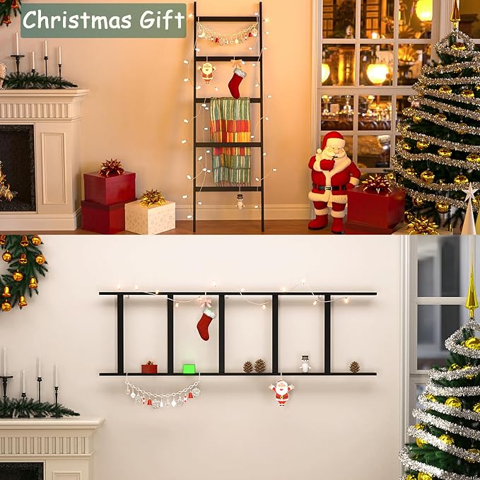 POXAKA Blanket Ladders for The Living Room, 5-Tier Blanket Holder, Wall-Leaning Blanket Rack, Ladder Shelves, Wooden Quilt Ladder, Farmhouse Decor, Scarf Ladder Shelves for Living Room, Bedroom