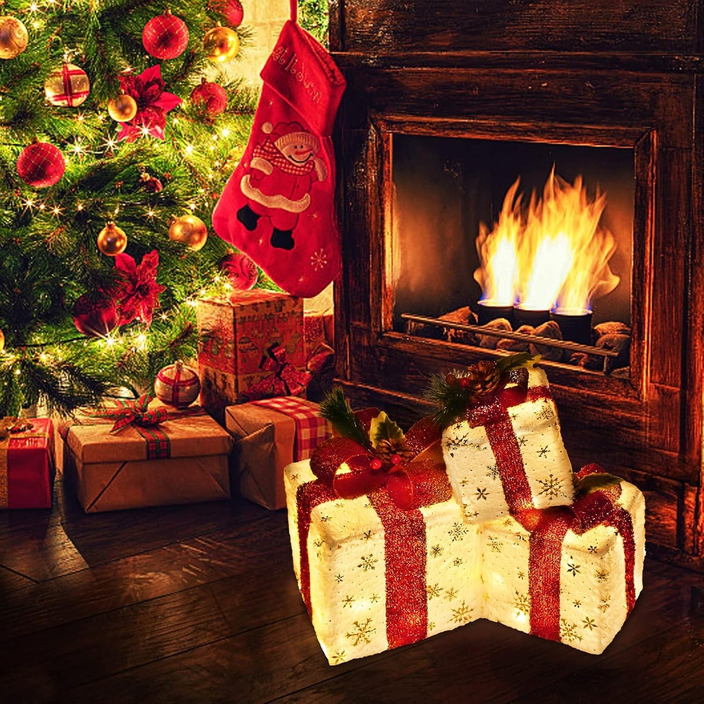 Set of 3 Christmas Lighted Gift Boxes, Pre-lit 60LED Light Up Present Boxes Ornament Outdoor, Boxes with Gold Snowflake, Battery Operated Christmas Decorations for Indoor Home, Party, Lawn Decor