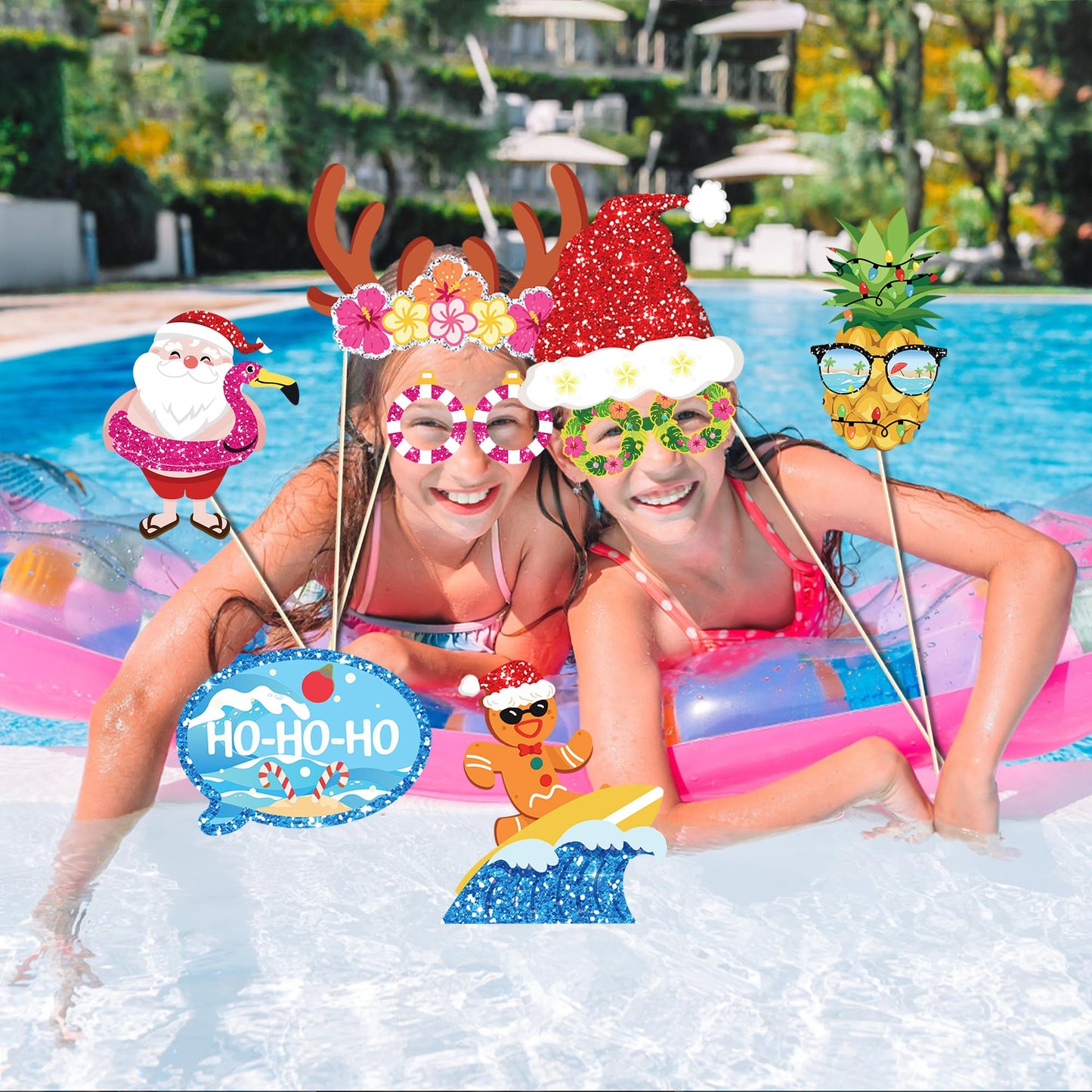 25-Piece Funny Tropical Christmas Photo Booth Props Kit - Beach Santa Holiday Party Supplies for Adults, Hawaiian Luau, Holiday Beach Party Decorations with Sticks & Stickers