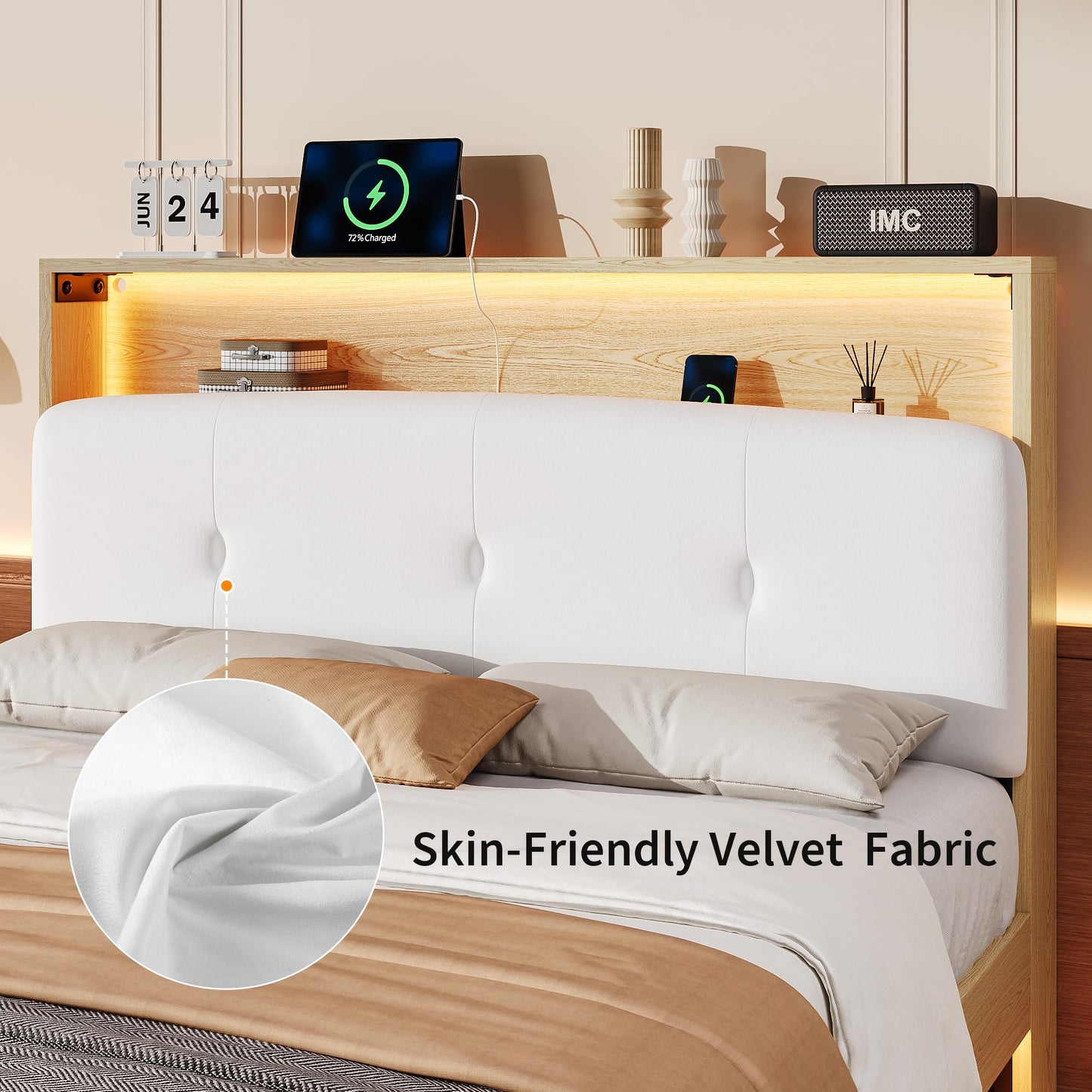 Einhomn Floating Bed Frame Full with 2-Tier Storage Velvet Fabric Upholstered Headboard, Wooden Platform Bed Frame w/Charging Station & LED Lights, Metal Slats Support, No Box Spring Needed, Natural