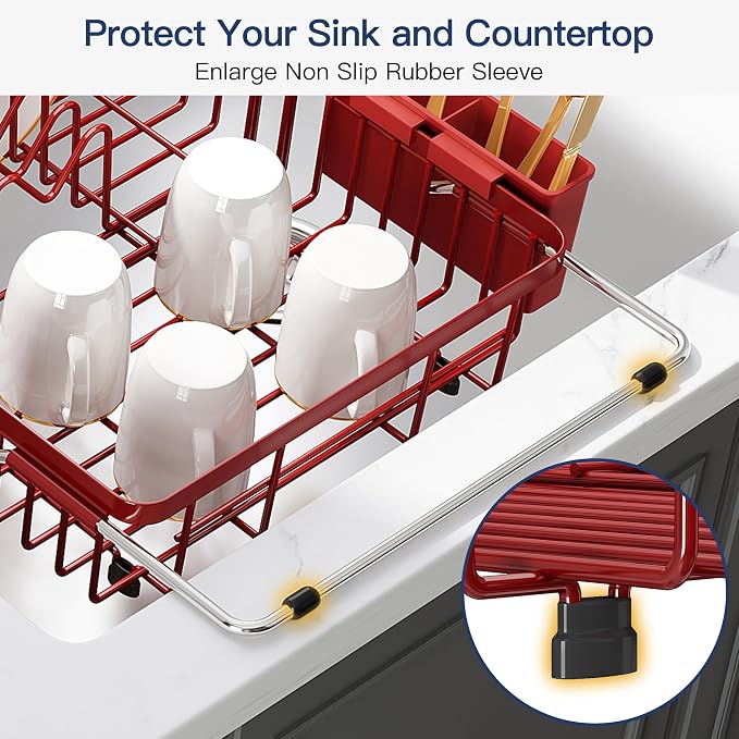 JASIWAY Red Expandable Stainless Steel Dish Drying Rack Over The Sink for Small Kitchen, Counter Space Saving Compact Plate Drainer Strainer, Adjustable Hanging Metal Dish Dryer with Utensil Holder