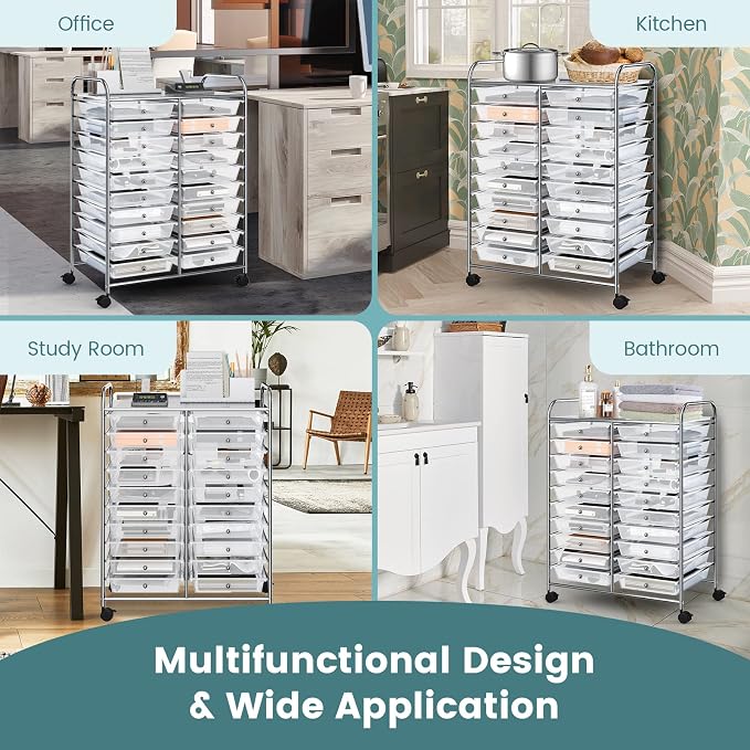 COSTWAY 20 Drawers Rolling Storage Cart, Multipurpose Movable Organizer Cart for Tools, Scrapbook, Paper, Craft, Utility Storage Trolley on Wheels for Home Office School (Clear)