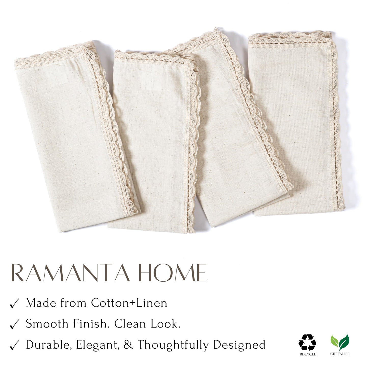 Ramanta Home Decorative Cloth Dinner Napkins Set of 4, 20x20 Inch Natural Lace Flax Cotton Napkins with Mitered Corners, Oversized Use, Parties, Weddings, Spring, Easter Cloth Napkins