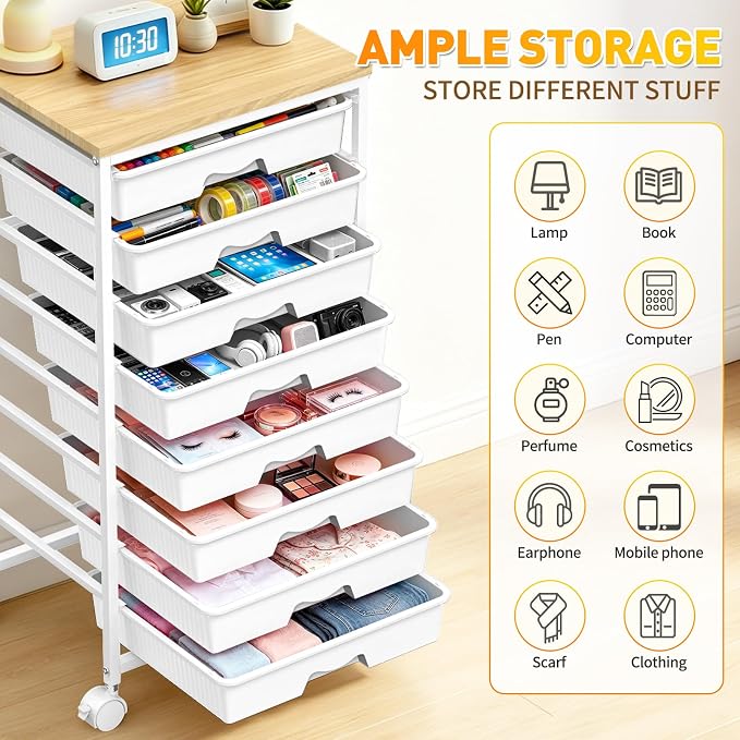 SUNALLY Rolling Cart With 8 Drawers, Storage Drawer Carts with Wooden Tabletop and 2 Lockable Wheels, 8 Tier Rolling Cart for Craft Art Supply Storage & Home Office Organization, White