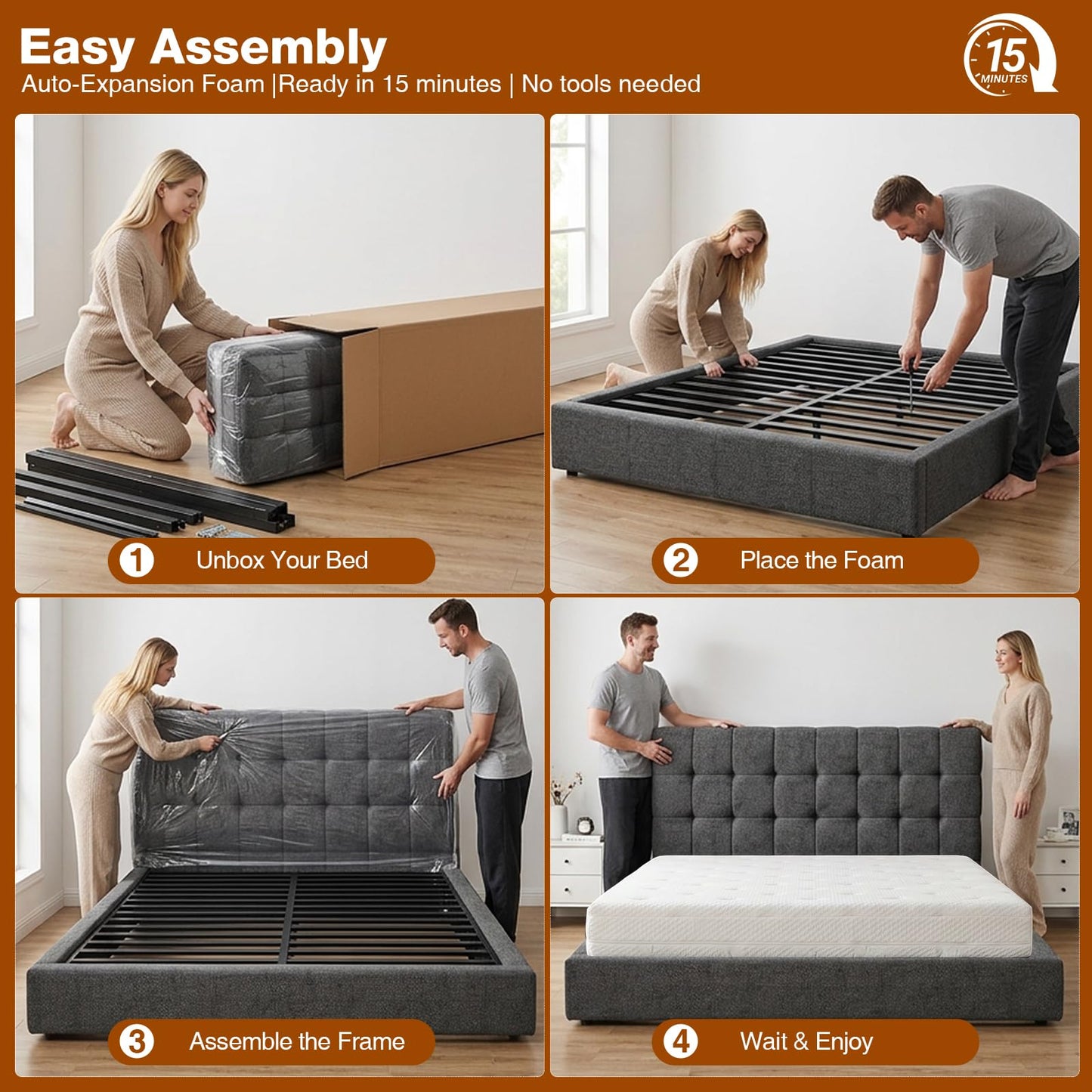 Queen Bed Frame with Headboard, Heavy Duty Upholstered Cloud Platform Bed with 2 Center Support Beams & Crossbar, 5.9" Thickened Foam for Safety, No Box Spring Needed, Easy Click‑In Assembly, Grey