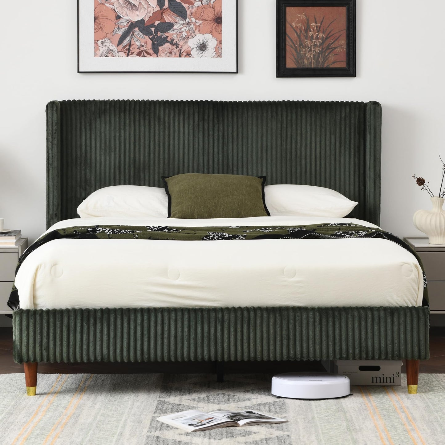 PINJU Full Size Bed Frame, Upholstered Platform Bed with Modern Vertical Striped Wingback Headboard with Wooden Slats, Easy to Assemble No Noise Free (Green, Full)