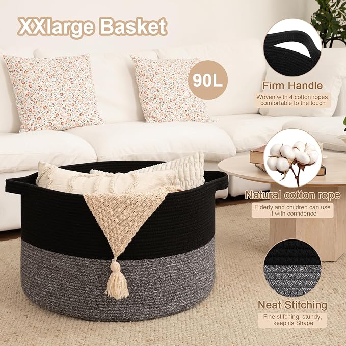 OIAHOMY 90L XXXLarge Blanket Basket for Living Room, 21.7" x 13.8" Woven Cotton Rope Laundry Basket for Organizing Pillows, Decorative Stuffed Animal Toy Storage for Nursery, Black and Grey
