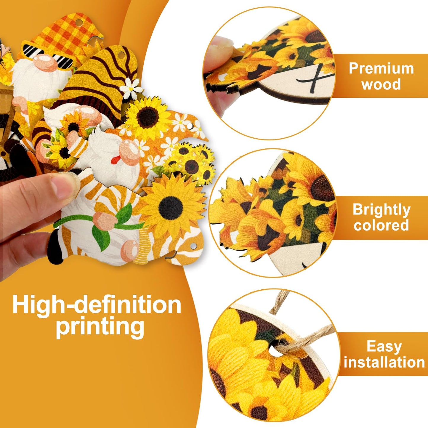 AFWHGM Sunflower Summer Wooden Ornaments Set - 30 Pcs Sunflower Tree Ornaments Garden Gnome & Flower Decor for Tree, Spring to Summer Home and Party Decorations