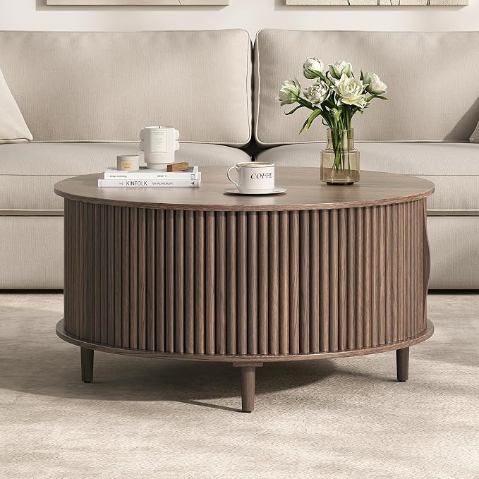 JOINICE,Round Coffee Table with Storage, 31.5" Fluted Center Table for Living Room, Modern Walnut Wood Circle Drum Table with Sliding Cabinet Door, Mid Century Furniture for Small Space