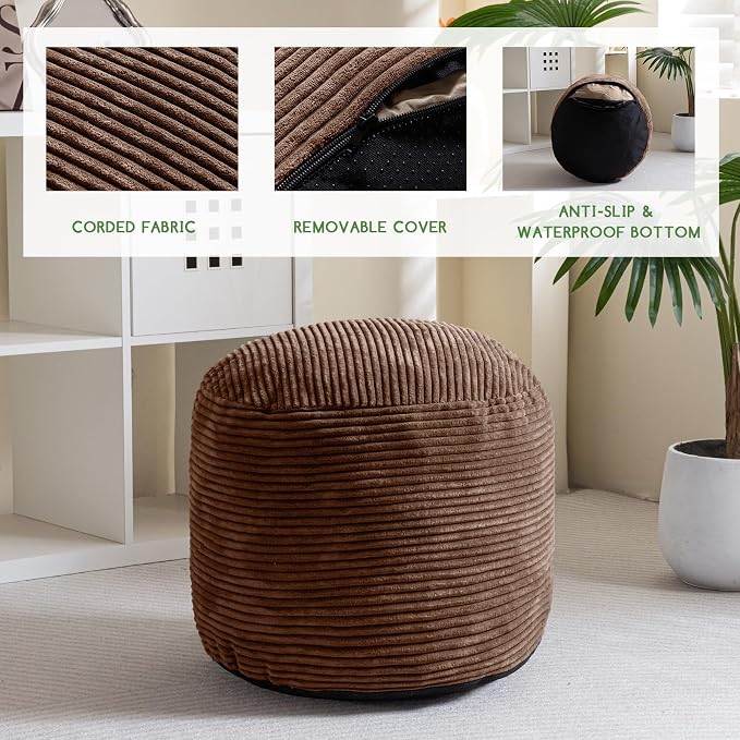HIGOGOGO Round Stuffed Pouf Ottoman, Corduroy Poufs with Foam Chunk Filling, Furry and Fluffy Pouf Foot Stool Storage Ottoman, 26 X 18 Floor Poufs Foot Rest for Living Room, Brown