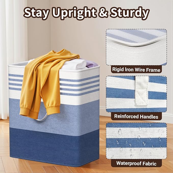 WOWBOX 2 Pack Laundry Baskets, Laundry Hampers, Freestanding Dirty Clothes Hampers with Reinforced Handles & Cross Stitch & Waterproof Coating, for Laundry Bedroom Bathroom Dorm,100L Blue