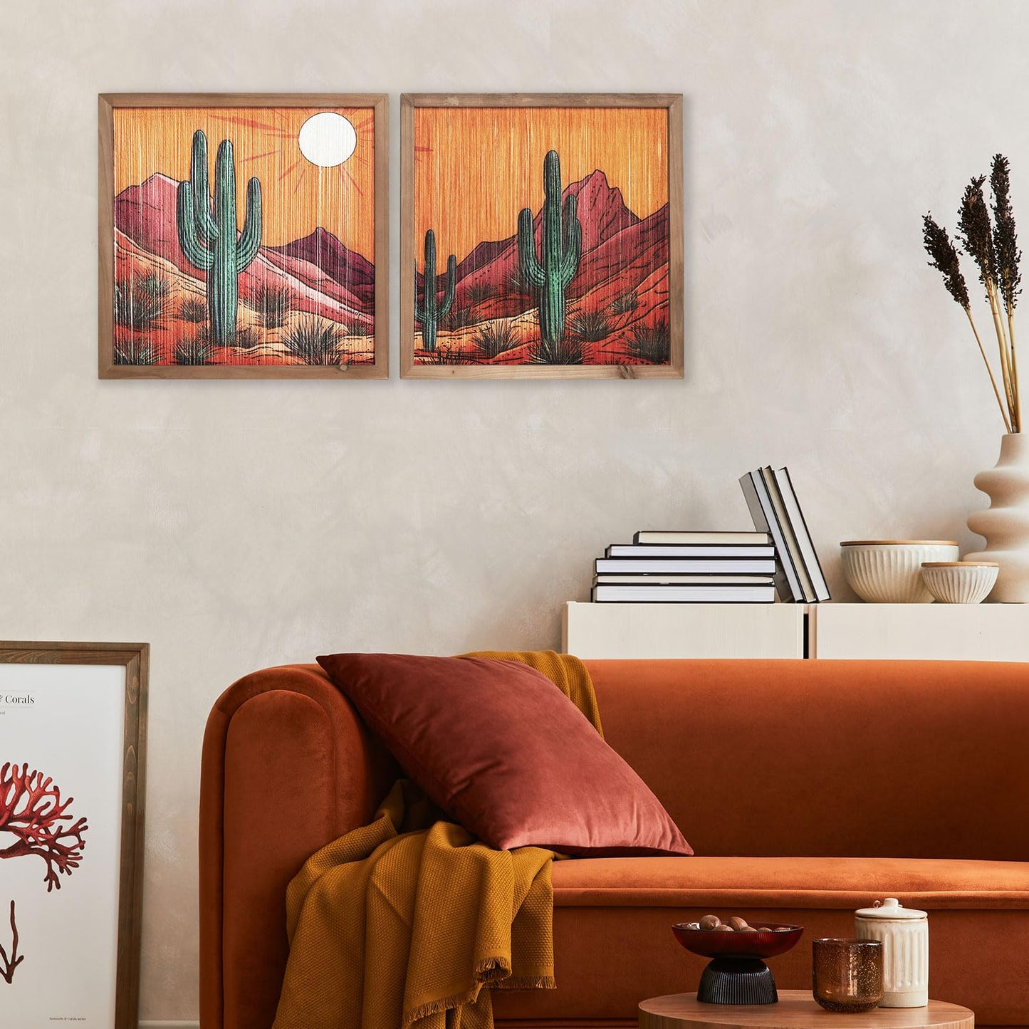 flangairy Desert Wall Art, 2 Pcs Wooden Arizona Western Cactus Landscape, Southwestern Living Dining Room Bedroom Home Decor, Tassel String Artwork