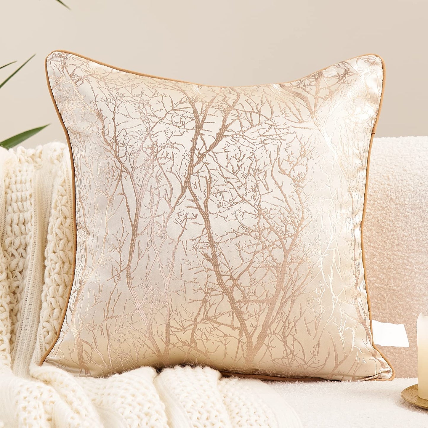 Avigers 20 x 20 Inch Square Beige Brown Gold Tree Branch Embroidery Cushion Case Luxury Modern Throw Pillow Cover Decorative Pillow for Couch Living Room Bedroom Car