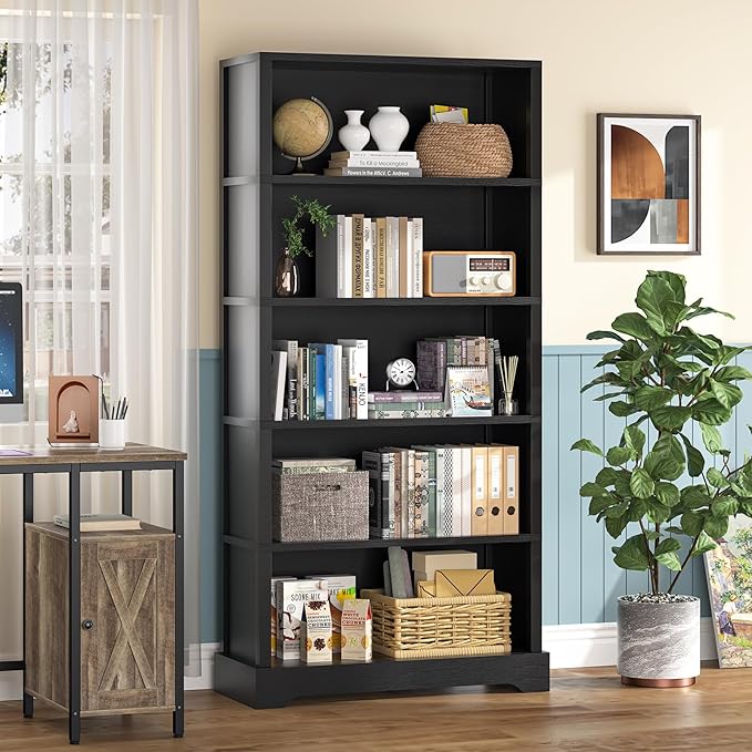 TVU 5-Tier Wooden Bookshelf, 65" Tall Farmhouse Style Open Bookcase, 31.5" W Standing Book Shelf with Storage, Suitable for Study, Living Room, Office, Blcak