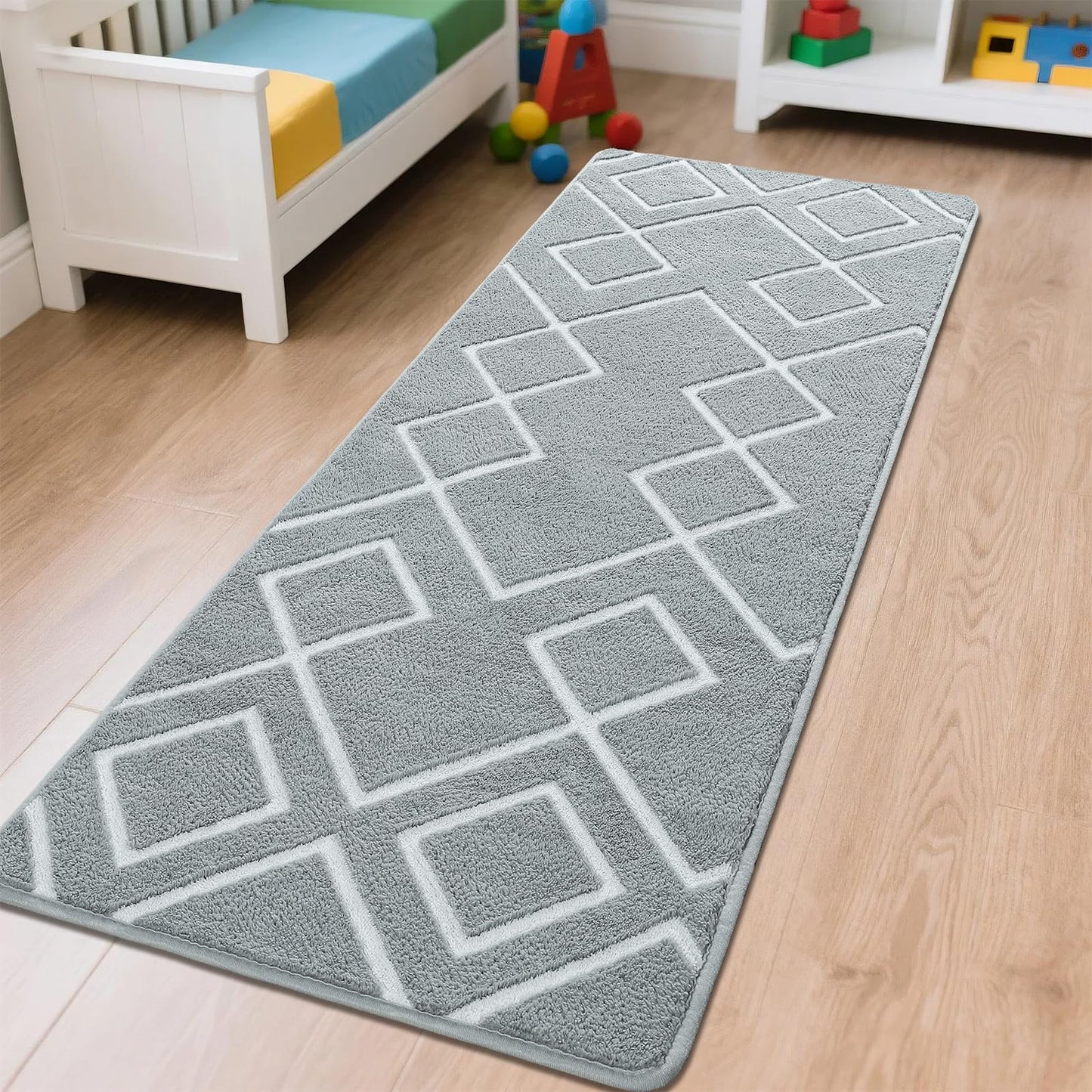 Rtizon Soft Runner Rug, 2x6Ft Moroccan Non-Slip Carpet for Bedroom, Geometric Small Area Rugs with Memory Foam for Living Room Office Bedside Dorm Hallway, Grey and White