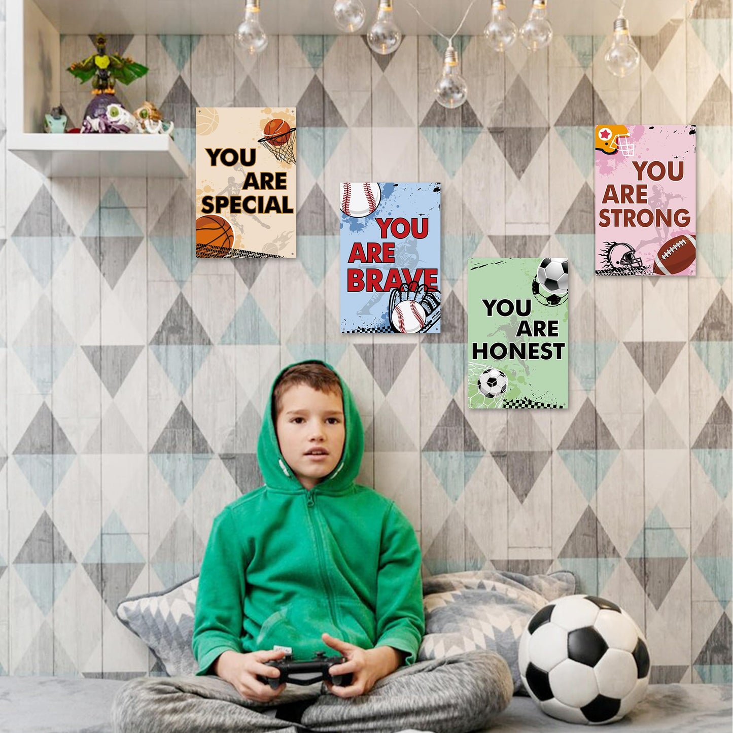 4 Pcs Sports Bedroom Inspirational Wall Decor Sign for Kids, Soccer Basketball Baseball Rugby Decor, Art Inspired Hanging Signs Boys Girls Kids Nursery School Nursery School