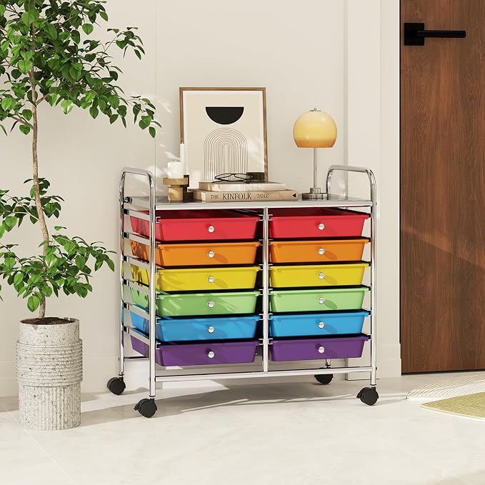 COSTWAY 12-Drawer Rolling Storage Cart, Utility Storage Organizer Cart for Tools, Scrapbook, Paper, Craft, Multipurpose Art Supply Organizer on Wheels for Home Office School, Teacher, Multicolor