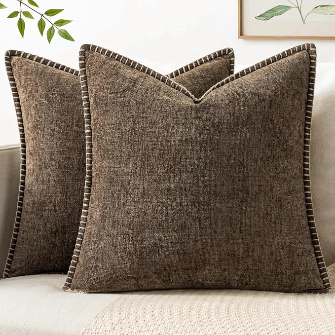 MIULEE Pack of 2 Couch Throw Pillow Covers 18x18 Inch Brown Farmhouse Decorative Pillow Covers with Stitched Edge Soft Chenille Solid Dyed Pillow Covers for Sofa Bed Living Room